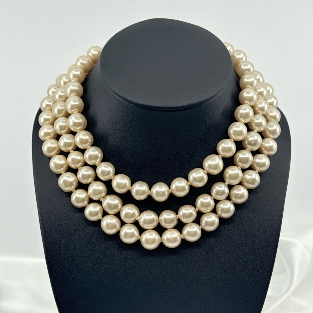 Vintage CHANEL Faux Pearl CC Logo Triple Strand Collar Necklace